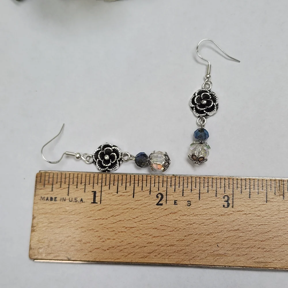 Hand Crafted Dangle Earrings With AB Crystals And Silver Toned Flowers - Picture 7 of 7